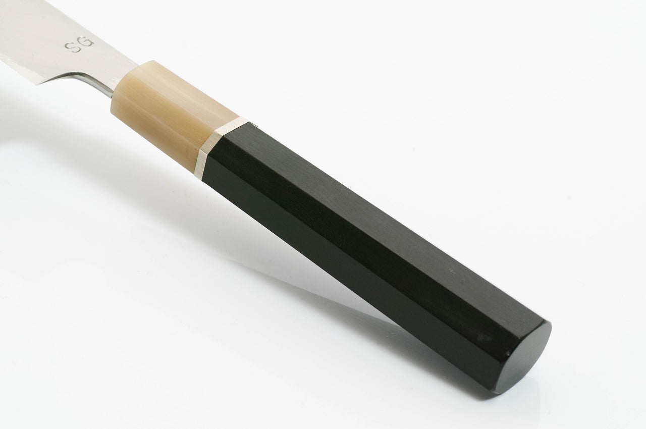 煌 スーパーゴールド2 鏡面仕上 柳刃包丁 黒檀白水牛洋白巻柄