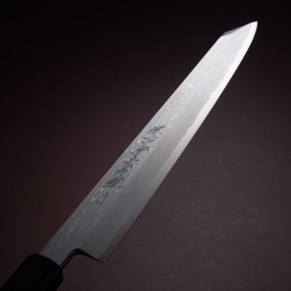 堺一文字光秀 青一鋼 炎紋鍛 墨流し 切付柳刃包丁 白鞘付き