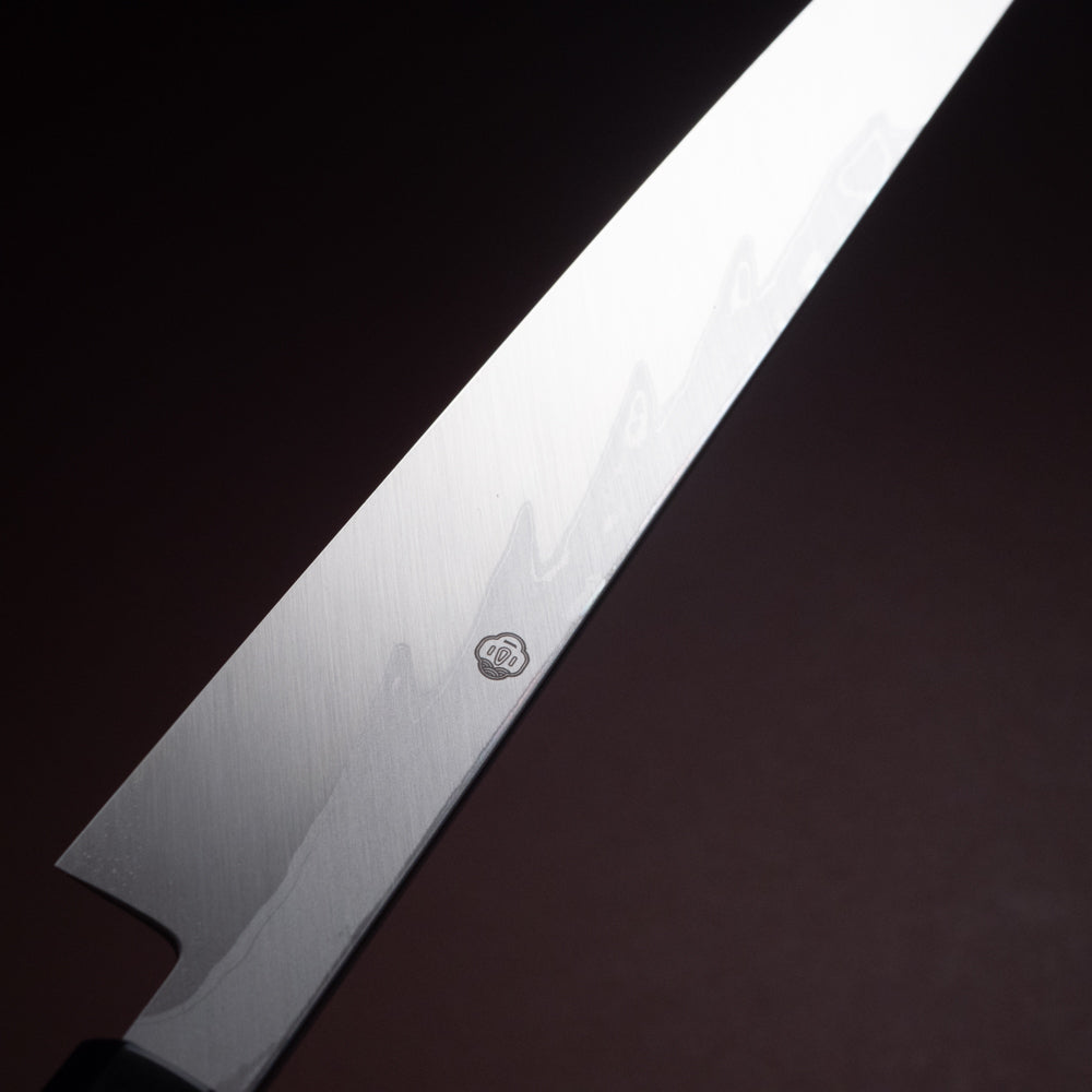 堺一文字光秀 青一鋼 炎紋鍛 墨流し 切付柳刃包丁 白鞘付き