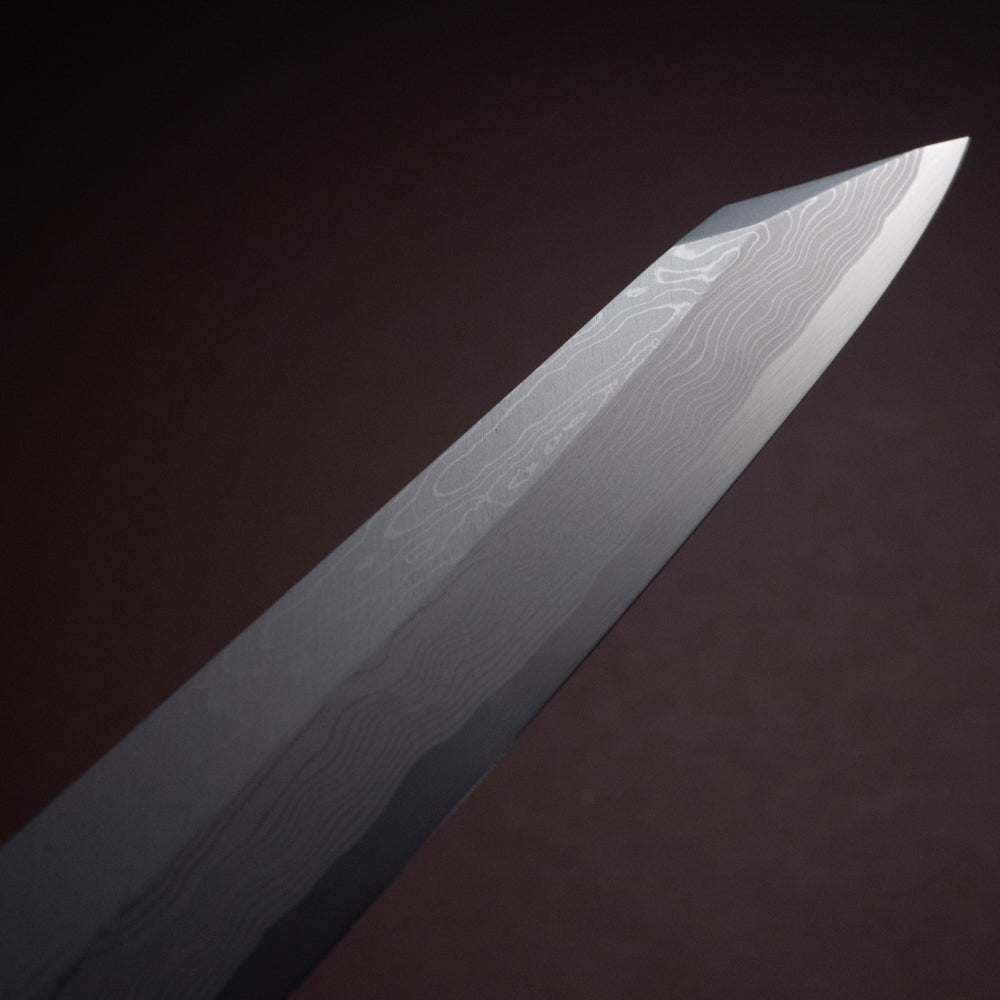 堺一文字光秀 青一鋼 炎紋鍛 墨流し 切付柳刃包丁 白鞘付き