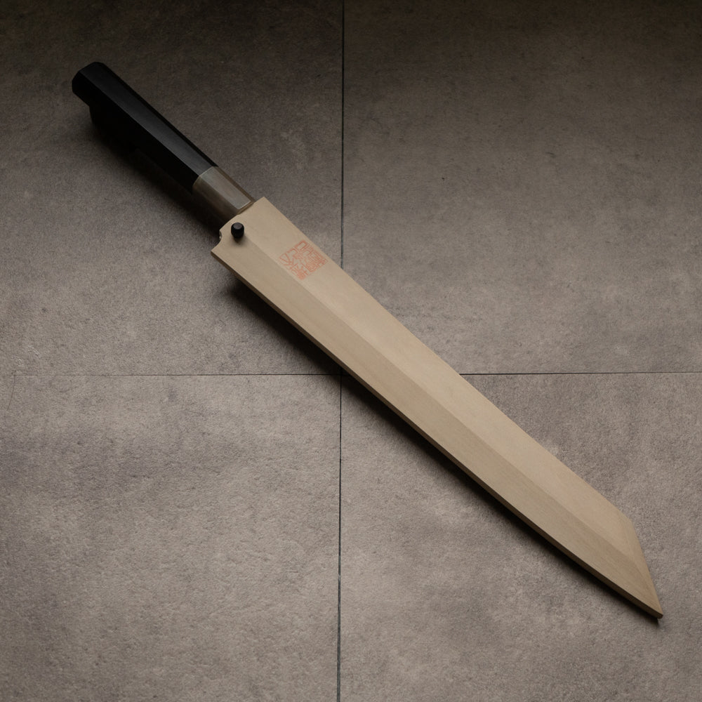 堺一文字光秀 白撰鋼 水焼本焼 切付柳刃包丁 黒檀柄 鞘付き