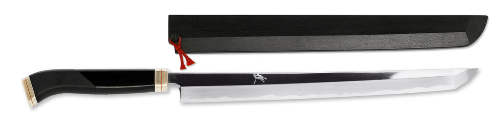 煌 白一鋼 鏡面仕上 先丸蛸引包丁 カスタムハンドル 黒摺漆鞘付