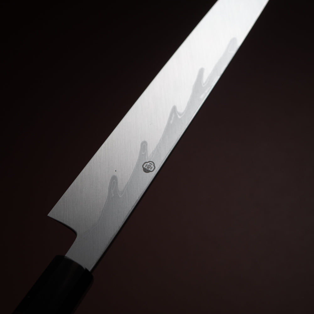 堺一文字光秀 青一鋼 炎紋鍛 墨流し 柳刃包丁 白鞘付き