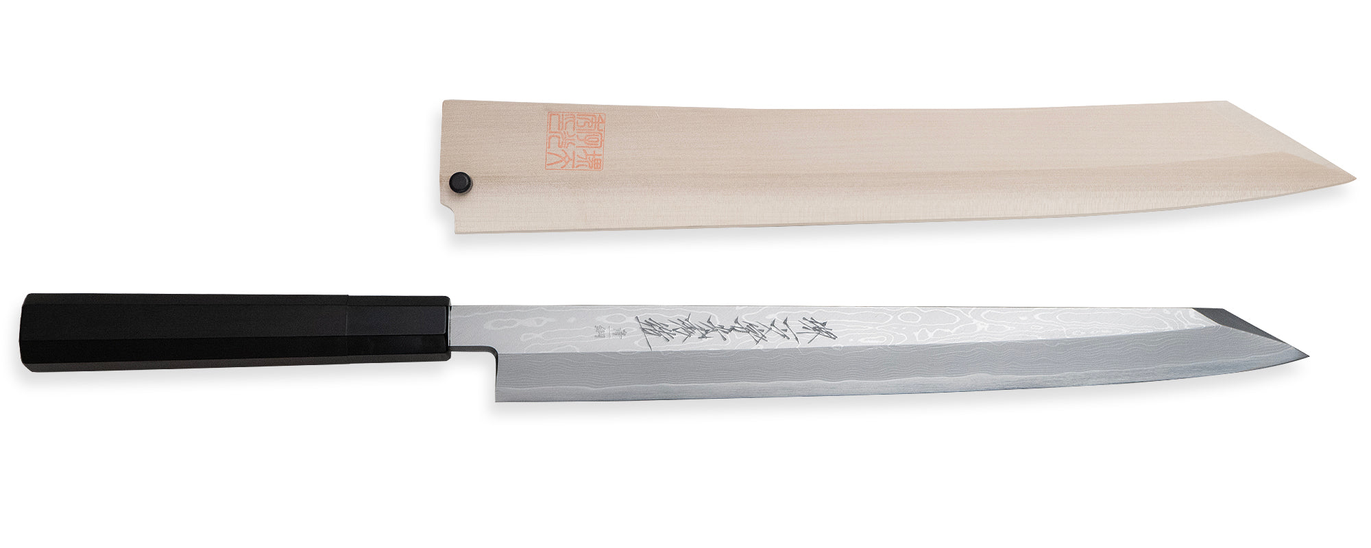 No1758中古品　堺一文字光秀造　柳刃包丁　木製鞘付　柳　刺身　包丁　送料無料 堺一文字光秀 青鋼 紋鍛錬 切付柳刃包丁 鞘付き