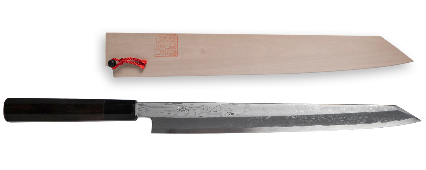 中川作 煌 青一鋼 墨流し 切付柳刃包丁 300mm 鞘付き