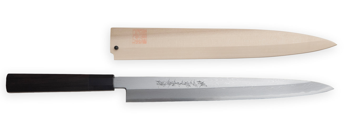 堺一文字光秀 青一鋼 炎紋鍛 墨流し 柳刃包丁 白鞘付き