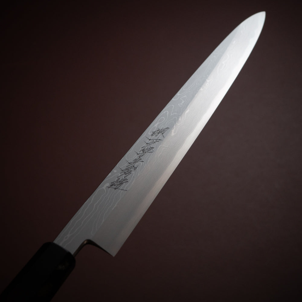 堺一文字光秀 青一鋼 炎紋鍛 墨流し 柳刃包丁 白鞘付き