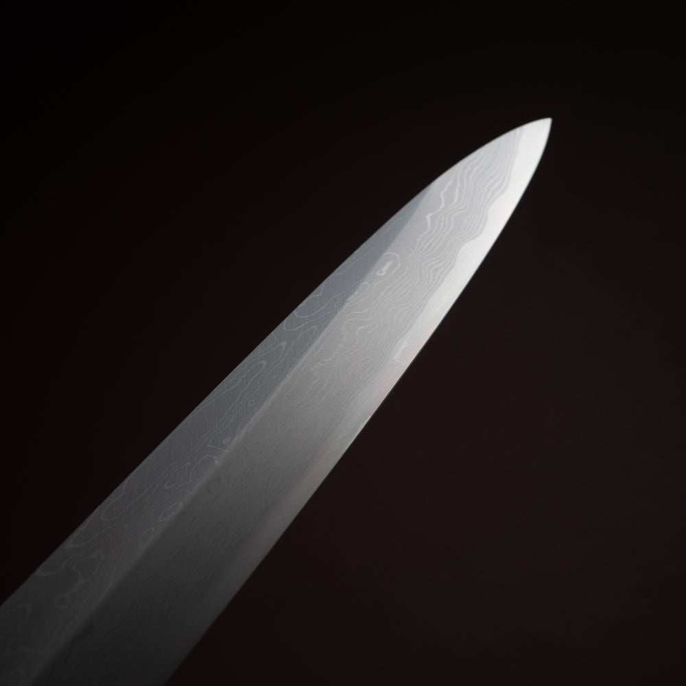 堺一文字光秀 青一鋼 炎紋鍛 墨流し 柳刃包丁 白鞘付き