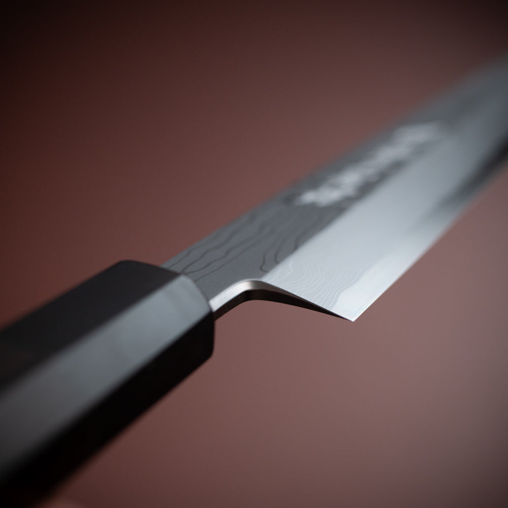 堺一文字光秀 青一鋼 炎紋鍛 墨流し 柳刃包丁 白鞘付き